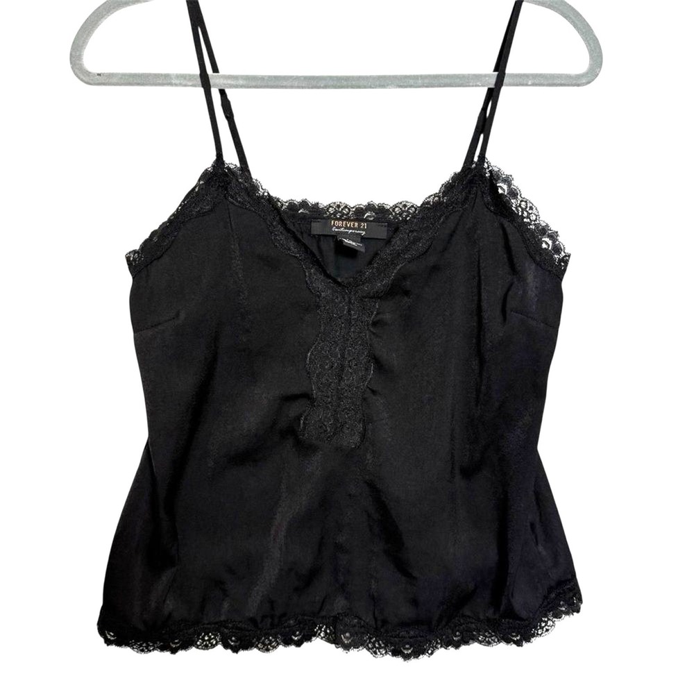 Forever 21 Black Satin Lace Cami‎ Top Y2K Lingerie Style Small